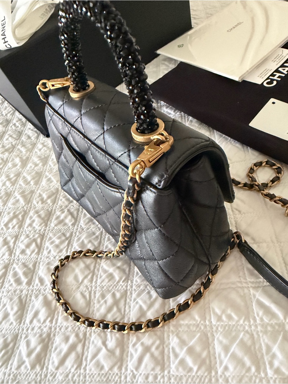 CHANEL Mini Flap Black Quilted Lambskin with Beaded-Handle Shoulder Bag. - Picture 5 of 16